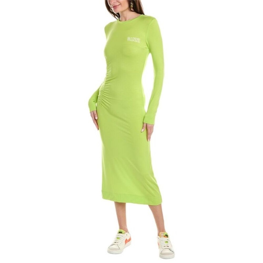 GANNI Fitted Midi Dress Long Sleeve Lime Green Size M